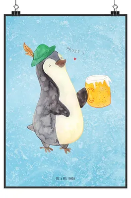 Produktbild von Mr. & Mrs. Panda Bild Pinguin Bier DIN A2 - Eisblau - Geschenk, Beschwippst, wanddeko, Feierabend, Wandbild, , drucke, Plakat, typografie poster
