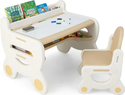 Produktbild von Kindertisch und Stühle - Set - Whiteboard - Bücherregal - Stifthalter - Stauraum - Holzrahmen - Kunststoff - Braun