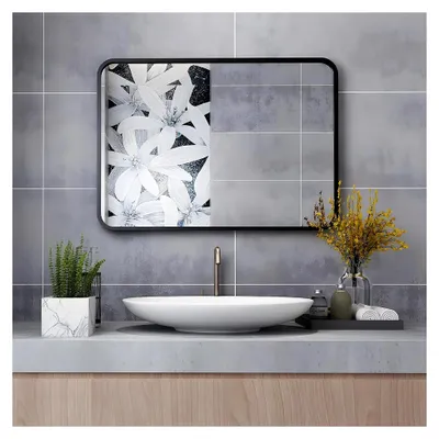 Produktbild von Rechteckiger Badezimmerspiegel 80x60cm ohne Beleuchtung mit schwarzem Metallrahmen