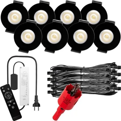 Produktbild von S-Polylight PREMIUM Mini LED- Einbauspots Kaltweiß 6.000K, DIMMBAR, IP65, FUNK 3W LED Einbaustrahler Terrassenüberdachung, Terrassenbeleuchtung, Bad, Sauna, LED Spots mit Fernbedienung (SCHWARZ, 8x LED-SET)