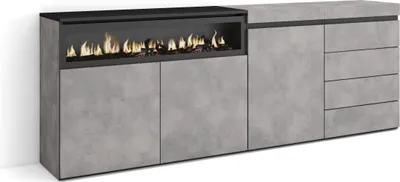 Produktbild von Sideboard, Kommode, 207x35x75 cm, Für Schlafzimmer, Zimmer, Elektrokamin., Kommode mit Schubladen, Zementgrau