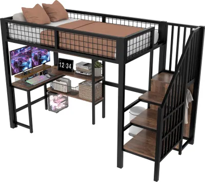 Produktbild von Merax Etagenbett Kinderbett 90x200 cm, Metall Hochbett Stockbett mit Schreibtisch, Regal, Offen Kleiderschrank, Jugendbett, Schwarz