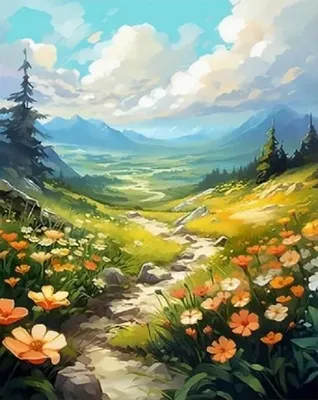 Produktbild von Malen nach Zahlen: Berglandschaft, Wanderweg, 40x50 cm, auf Leinwand