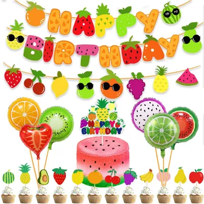 Immagine prodotto di Decorazioni per feste di compleanno a tema frutta per bambini, con palloncini e decorazioni per torte