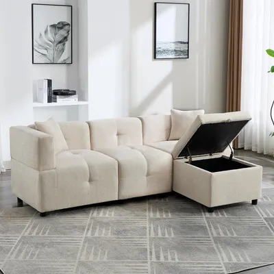 Produktbild von STILVORA Ecksofa 3-Sitzer-Sofa mit Stauraum,L-förmiges Sofa mit 2 Kissen und abnehmbarem Fußhocker,Modulares Sofa aus Chenille für Wohnzimmer,Büro&Wohnung,Beige