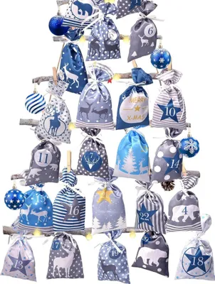 Produktbild von Adventskalender zum Befüllen Stoffbeutel, DIY-Set mit 24 Säckchen - Blau Grau Weihnachtskalender