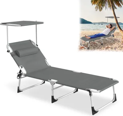 Produktbild von UISEBRT Wetterfester Sonnenliegestuhl mit verstellbarer Markise & 100 kg Tragkraft – Faltbarer Garten-Liegesessel für Terrasse & Camping(Anthrazit)