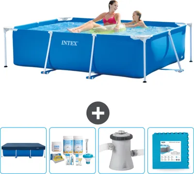 Produktbild von Intex-Schwimmbecken mit rechteckigem Rahmen – 220 x 150 x 60 cm – Blau – im Lieferumfang enthalten Abdeckung - Wartungspaket - Filterpumpe für Schwimmbad - Bodenfliesen