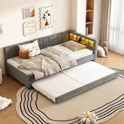 Produktbild von MODFU Schlafsofas 90×200 Tagesbett ohne Matratze mit Lattenrost und Ablagefach,ausziehbarem Bett mit USB+Typ C,LED-Umgebungslicht,Grau