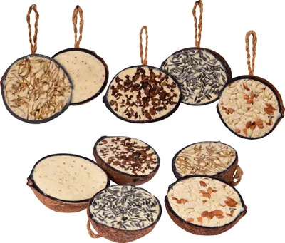 Produktbild von dobar 10x gefüllte Kokosnuss zum Aufhängen, 5 Sorten Vogelfutter mit Fettfutter-Füllungen für Wildvögel