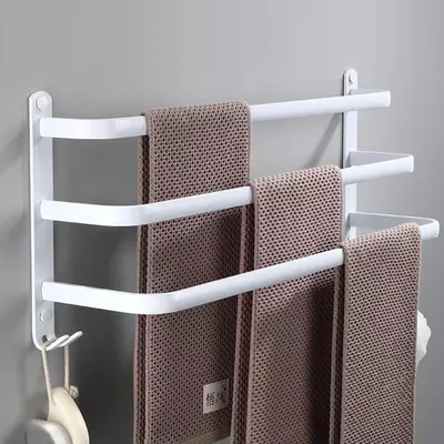 Image de Porte-serviettes sans perçage, 80 cm, blanc, en alliage d'aluminium, avec crochets
