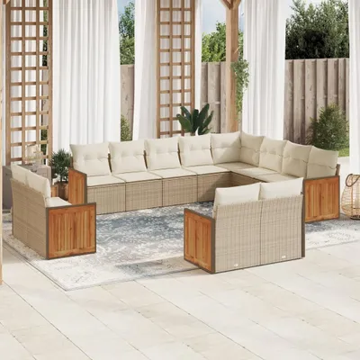 Produktbild von Design 12-tlg. Garten-Sofagarnitur mit Kissen Beige Poly Rattan, Gartenmöbel-Sets 2024 Neu