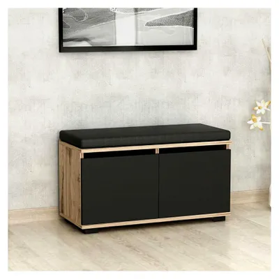 Produktbild von Schuhbank mit Sitzfläche und Stauraum, 2 Türen und 4 Fächern, 42 x 80 x 35 cm, gepolstert, Eicheoptik/Schwarz