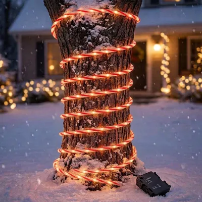 Produktbild von Zuckerstange Lichtschlauch warm weiß für Außen mit Timer - 100 LED - Outdoor Weihnachts Lichterkette rot-weiß gestreift