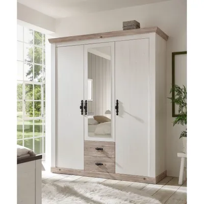 Produktbild von Landhaus Kleiderschrank mit Spiegel FERNA-61 in Pinie weiß Nb. mit Absetzungen in Pinie dunkel Nb., B/H/T: ca. 169/201/60 cm