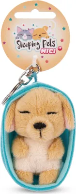Produktbild von NICI Schlüsselanhänger Schlafender Hund 8cm hellbraun, Korb blau