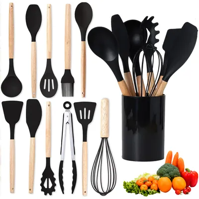 Produktbild von OKWISH Küchenhelfer-Set, 12 teilig, Silikon-Kochutensilien, Kochutensilien-Set, hitzebeständiges Kochgeschirr mit Utensilienhalter, Küchenutensilien