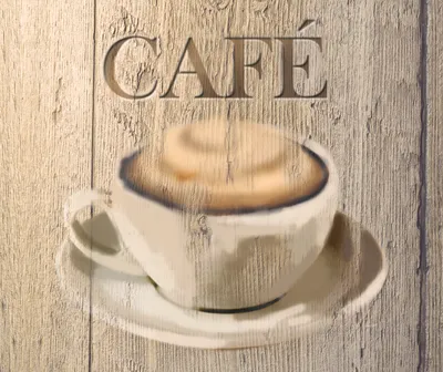 A stylized image of a coffee cup with latte art on a wooden background, with the word 'CAFÉ' above it.