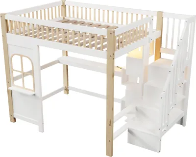 Produktbild von Flieks Etagenbett 140x200cm mit Schreibtisch und Ladefunktion, Kinderbett Hausbett mit Regal, Hochbett Doppelbett mit Led, Stockbett Naturbelassen