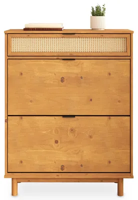 Produktbild von Schuhkipper JONTE aus Massivholz, Eiche Finish - Schuhschrank mit 2 Klappen und Schublade mit Rattangeflecht, schmale Schuhkommode für Flur und Diele, 88 x 113 x 30 cm