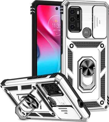 Produktbild von Moto G60S Hülle mit Schiebe Kamera Schutz und Ringhalter Ständer Robust Rüstung Schutzhülle für Motorola Moto G60S Silber