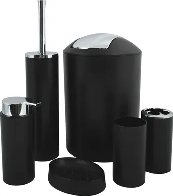 Produktbild von MSV Badezimmer Set, 6-teiliges Badzubehör Seifenspender, WC Bürste, Seifenschale, Kosmetikeimer und Zahnputzbecher Schwarz matt
