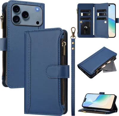 Image de Etui pour iPhone 17 Pro, zippé, étui portefeuille en cuirPolyuréthaneavec pochettes pour cartes, support et dragonne bleu
