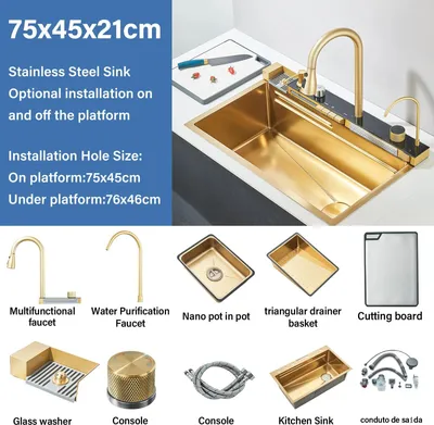 Produktbild von Multifunktionale Küchenspüle - Einzelnes rechteckiges Becken - Edelstahl - Mit Wasserfall-Armatur - Vier Hahnlöcher - Frontschürze - Gebürstetes Gold