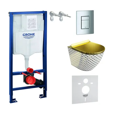 Produktbild von GROHE Vorwandelement Solido + Wand Hänge WC Sofi Slim Checked Gold/Weiß Spülrandlos + WC-Sitz SoftClose | Verchromter Knopf | Komplettset | Unterputz Spülkasten | Toilette Komplett Sett