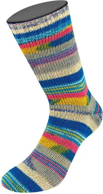 A single sock displayed on a mannequin head and neck.