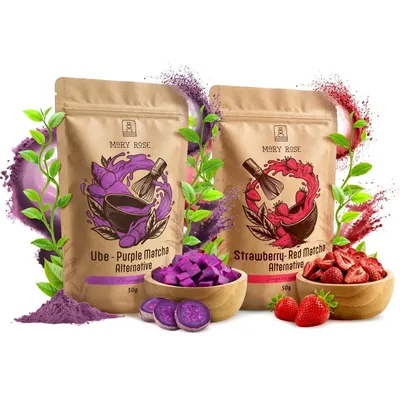 Produktbild von Mary Rose - Bunter Matcha Tee Pulver Rot, Violett 2x50g - Erdbeere, Ube - ohne Zucker - Fruchtige Natürliche Lebensmittelfarbe Für Latte & Deserts