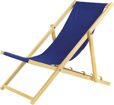 A blue fabric deck chair with a wooden frame, shown against a white background.