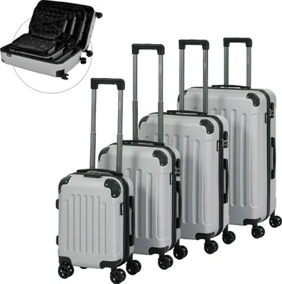 Produktbild von AREBOS® Sada tvrdých kufrov ABS 4 ks I Cestovný kufor s teleskopickou rukoväťouI Vrátane zipsu, 360° kolieska I Sada cestovných kufrov S-M-L-XL | Silver