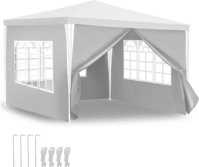 Produktbild von Ikodm 3 x 3 m Garten Pavillon mit 4 Seitenteilen tragbares wasserdichtes Zelt, weiß für Camping / Garten / Hochzeit / Strand