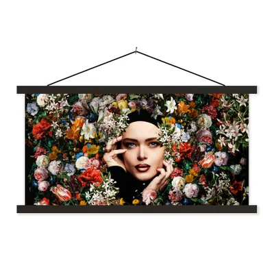 Produktbild von MuchoWow® Textilposter Blume - Frauen - Porträt - Botanisch 60x30 cm mit schwarzem Rahmen - Textilien