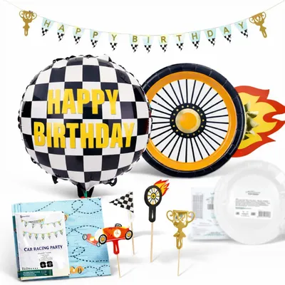 Zdjęcie produktu dla PartyDeco Zestaw dekoracji urodzinowych Autka – balon, baner, talerzyki