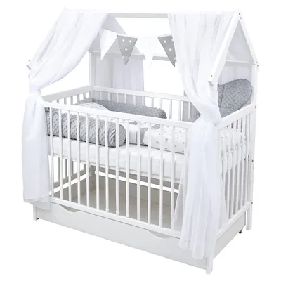 Produktbild von Baby-Delux Hausbett Kinderbett Gitterbett weiß 60x120 Beißschienen Schublade Schutzgitter Matratze Bett Set Super Star