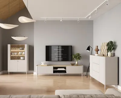 Produktbild von Wohnzimmer Set in Beige mit Eiche, mit 220 cm Lowboard, Kommode & Vitrine inkl. Beleuchtung, 3-teilig - ELOY-141