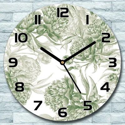 Produktbild von Wanduhr aus Glas Rund fi 30 Grüne Pfingstrosen Quarz Deko Schlafzimmer Büro