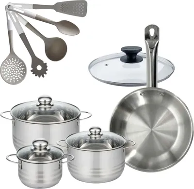 Image de Batterie de cuisine avec 3 faitouts 16/20/24 cm et 1 poêle 28 cm avec 6 ustensiles de cuisine Fackelmann Etherna Brillant Vario avec couvercles