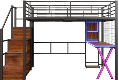Produktbild von Hochbett 140x200cm ohne Matratze Schwarz Gaestebett Schreibtisch Kleiderschrank LED-Leuchten Ablageleiter Schreibtisch Kleiderschrank Regale
