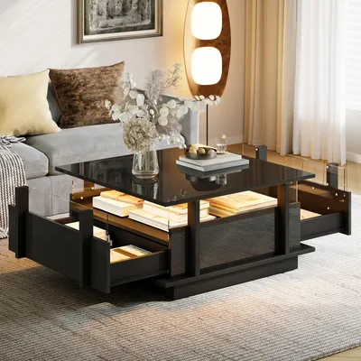 Productafbeelding van Merax salontafel met 2 lades en LED-verlichting, woonkamerkast met acryl scheidingswand, vierkante salontafel van MAF, hoogglanzend zwart