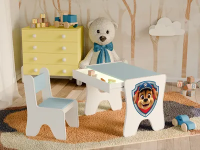 Produktbild von Happy Babies - Kinderschreibtisch-Stuhl-Set, ergonomischer Spieltisch mit geräumiger Schublade - Kinder-Lern- und Spieltisch - Kindermöbel, Hund
