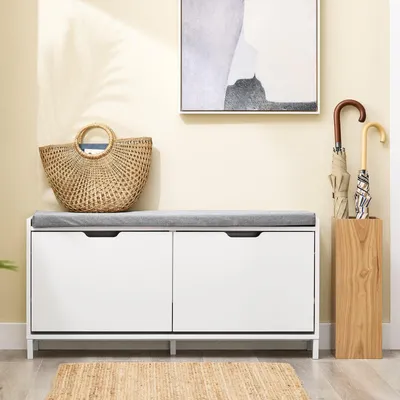 Image de Banc à chaussures - Rangement à chaussures - Banc de rangement - Banc d'entrée - Banc assise - 4 compartiments - Coussin d'assise confortable