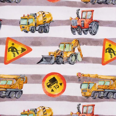 Produktbild von Baumwolljerseystoff Meterware Digitaldr. Baustelle beige gelb 1,50m