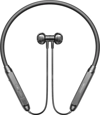 A pair of black neckband Bluetooth earbuds is shown against a white background.