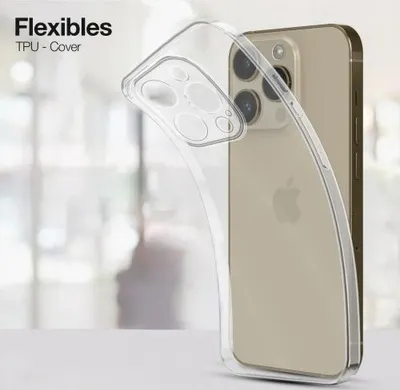 A clear phone case is shown on a gold iPhone.