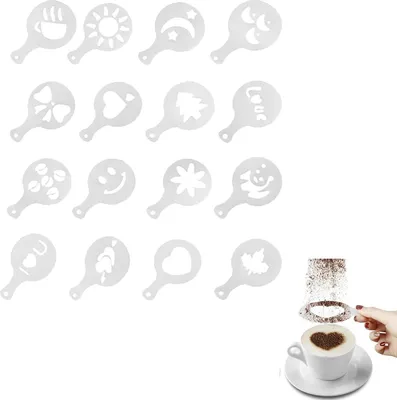 Produktbild von Schablonen für Milchschaumkunst - Barista-Schablonen - Cappuccino-Schablonen - Kunststoff-Kaffeedekorschablonen - Kaffee-Latte-Kunst - Schablonen für Kaffeepatterns - 16 Stück
