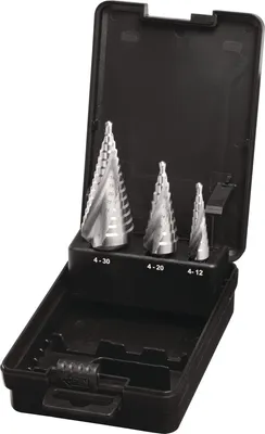 Obrázok produktu pre Sada stupňovitých vrtákov 4–12/4–20/4–30 mm, HSS so špirálovým drážkovaním, 3-dielna, v plastovom puzdre