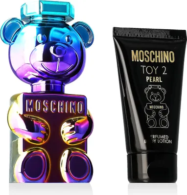 A perfume bottle shaped like a teddy bear and a tube of body lotion are displayed side-by-side against a white background.